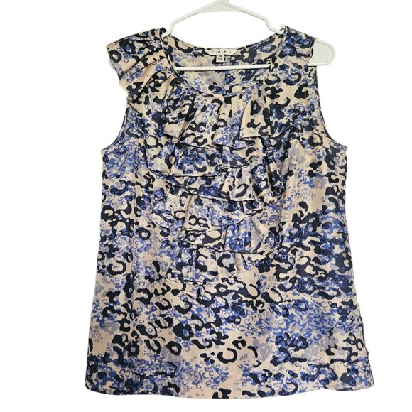 CAbi 100% Silk Top Women's SZ Medium Ruffles Tan/Blue Animal Print Office Party - Picture 1 of 8
